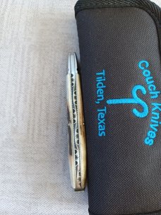 Tanner Couch Rabbit Skinner Trapper..Stag and Feather Damascus..4 5/8" closed..Fluted and all integr