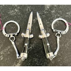 Miniature Switchblade Knife Marked quotSTAINLESS STEELquot amp quotHONG KONGquot Black Wrap W Keychain Unused
