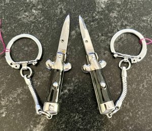 Miniature Switchblade Knife, Marked "STAINLESS STEEL" & "HONG KONG", Black Wrap, W/ Keychain, Unused
