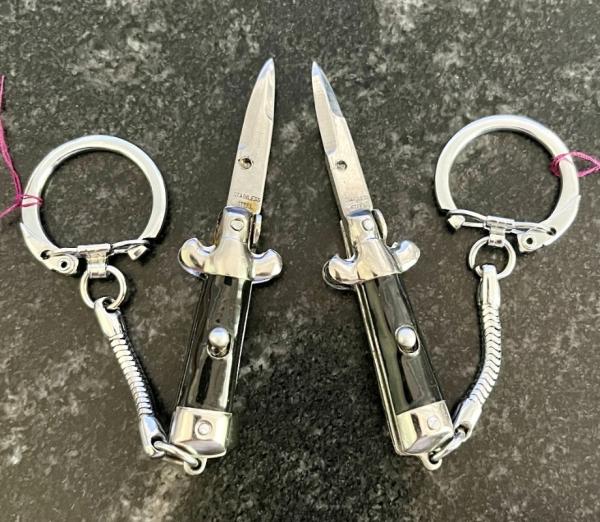 Miniature Switchblade Knife, Marked "STAINLESS STEEL" & "HONG KONG", Black Wrap, W/ Keychain, Unused