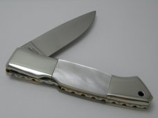 Frost Cutlery Excelsior Grade 1980 Surgical Steel Japan Scrimshawed Pearl Lockback Knife