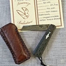 Vincenzo Balistreri Fools Gold fat CF White Wolf slipjoint,4" closed..Damasteel..lanyard pin & bead
