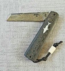 Vincenzo Balistreri Fools Gold fat CF White Wolf slipjoint,4" closed..Damasteel..lanyard pin & bead