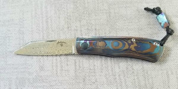Vincenzo Balistreri Custom Native knife Damasteel,Timascus.3.75 cld. engraved shield,lanyard, bead Vincenzo Balistreri Custom Native knife Damasteel,Timascus.3.75 cld. engraved shield,lanyard, bead