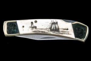 Classic Scrimshaw Ship and Lighthouse Design Black Ink Scrimshaw Collection Large Pocket Knife