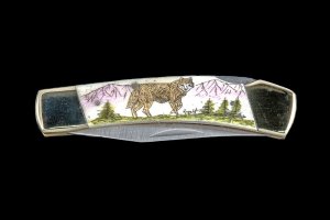 Scrimshaw Wolf Design Colored Scrimshaw Collection Large Pocket Knife