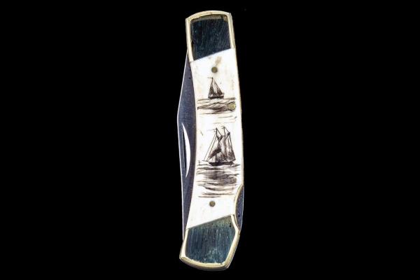 Classic Scrimshaw Tall Ships Design Black Ink Scrimshaw Collection Large Pocket Knife 