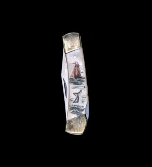 Hand Etched Ship and Whale Colored Ink Design Scrimshaw Collection on Bovine Bone Large Pocket Knife