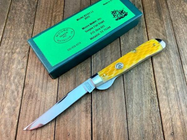Moore Maker Half Moon Trapper Liner Lock Yellow Jigged Bone 2015