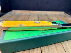 Moore Maker Half Moon Trapper Liner Lock Yellow Jigged Bone 2015