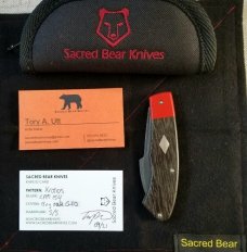 Sacred Bear/Tory Utt Custom Chronos Knife,Stone Washed CPM-154,Black Bog Oak and red G-10, 4"