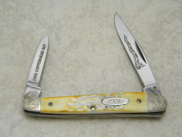 Case XX USA 1985 (Copperhead Set) Scrolled Bolsters Bone 62109X SS Baby Copperhead Knife Case XX USA 1985 (Copperhead Set) Scrolled Bolsters Bone 62109X SS Baby Copperhead Knife