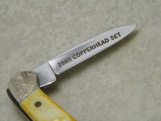 Case XX USA 1985 (Copperhead Set) Scrolled Bolsters Bone 62109X SS Baby Copperhead Knife