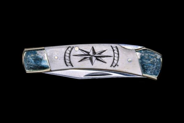 Hand Etched Compass Rose Design Scrimshaw Collection on Bovine Bone Large Pocket Knife