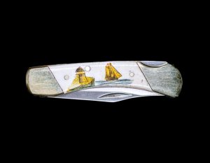 Scrimshaw Ship and Lighthouse Design Colored Scrimshaw Collection on Bovine Bone Large Pocket Knife