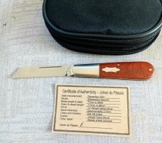 Johan du Plessis Camel Thorn Barlow..3.75".N690.Sheepsfoot long pull...steel bolsters.coa/pouch 