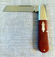 Johan du Plessis Camel Thorn Barlow..3.75".N690.Sheepsfoot long pull...steel bolsters.coa/pouch 