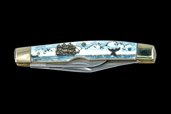 Scrimshaw Ship and Whale Colored Design Scrimshaw Collection Medium Dual Blade Pocket Knife 