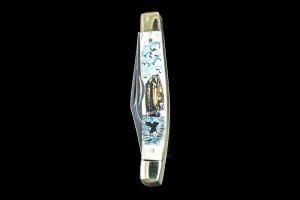 Scrimshaw Ship and Whale Colored Vertical Design Scrimshaw Collection Medium Dual Blade Pocket Knife