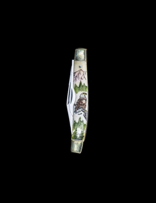 Etched Eagle Vertical Colored Design Scrimshaw Collection Medium Dual Blade Pocket Knife