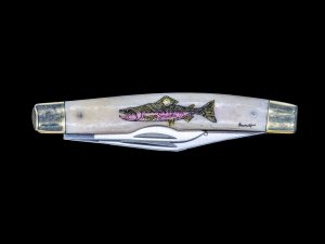 Scrimshaw Trout Colored Vertical Design Scrimshaw Collection Medium Dual Blade Pocket Knife