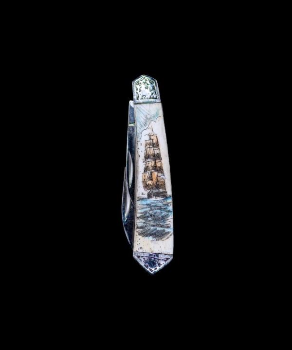 Scrimshaw Vertical Tall Ship Colored Design Scrimshaw Collection Large Dual Blade Pocket Knife