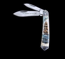 Scrimshaw Vertical Tall Ship Colored Design Scrimshaw Collection Large Dual Blade Pocket Knife