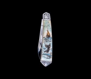 Scrimshaw Vertical Ship and Whale Colored Design Scrimshaw Collection Large Dual Blade Pocket Knife