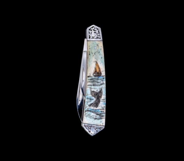 Scrimshaw Vertical Ship and Whale Colored Design Scrimshaw Collection Large Dual Blade Pocket Knife