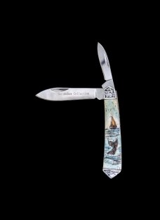Scrimshaw Vertical Ship and Whale Colored Design Scrimshaw Collection Large Dual Blade Pocket Knife