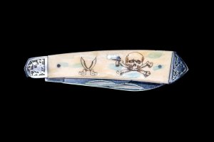 Scrimshaw Skull and Crossbones with Sabers Colored Ink Design Scrimshaw Collection