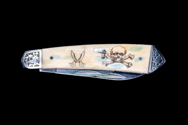 Scrimshaw Skull and Crossbones with Sabers Colored Ink Design Scrimshaw Collection