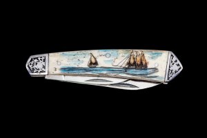 Scrimshaw Double Tall Ship Colored Design Scrimshaw Collection Large Dual Blade Pocket Knife