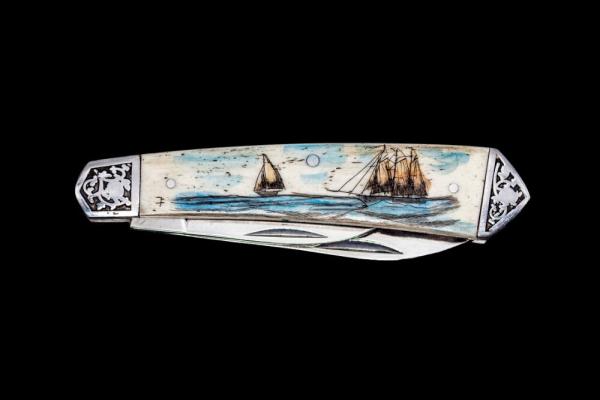 Scrimshaw Double Tall Ship Colored Design Scrimshaw Collection Large Dual Blade Pocket Knife