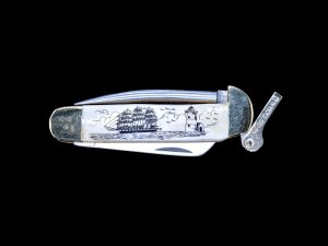 Scrimshaw Ship and Lighthouse Black/White Design Scrimshaw Collection Marlin Spike with Folding Knif