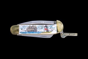 Scrimshaw Ship and Lighthouse Colored Design Scrimshaw Collection Marlin Spike with Folding Knife