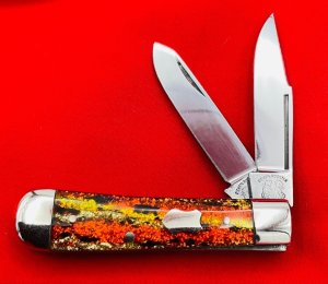 FIGHT’N ROOSTER “Sunday Size” Trapper Jack Pocket Knife Antique Christmas Tree Scales 2nd Gen