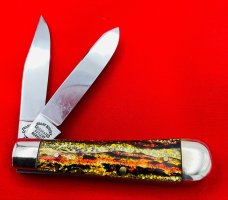 FIGHT’N ROOSTER “Sunday Size” Trapper Jack Pocket Knife Antique Christmas Tree Scales 2nd Gen