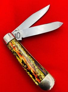 FIGHT’N ROOSTER “Sunday Size” Trapper Jack Pocket Knife Antique Christmas Tree Scales 2nd Gen
