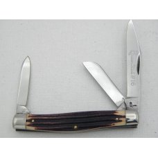 Queen Cutlery #16 Stockman, circa 1960, 3 3/8” closed, burnt orange imitation Winterbottom bone