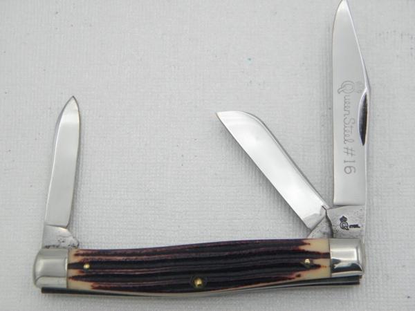 Queen Cutlery #16 Stockman, circa 1960, 3 3/8” closed, burnt orange imitation Winterbottom bone 