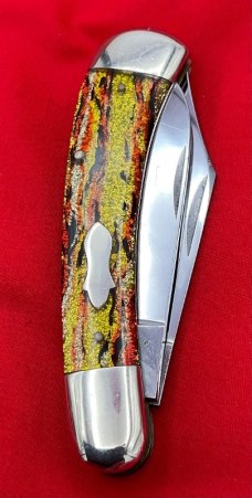FIGHT’N ROOSTER 2-Blade Bar Style Trapper Pocket Knife Antique Christmas Tree Scales 2nd Gen 1982-94