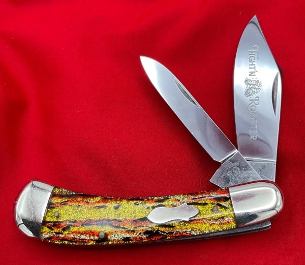 FIGHT’N ROOSTER 2-Blade Bar Style Trapper Pocket Knife Antique Christmas Tree Scales 2nd Gen 1982-94