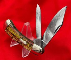 FIGHT’N ROOSTER 2-Blade Bar Style Trapper Pocket Knife Antique Christmas Tree Scales 2nd Gen 1982-94