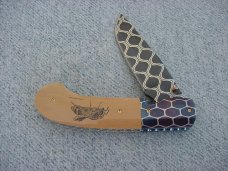 STUNNING! Jim Downs, Powell, Ohio, Damascus Mastadon Ivory Scrimshaw Worked Liners, Linerlock Folder