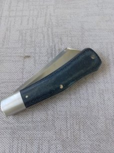 K'roo PROTOTYPE Jacka..Dogleg Sheepsfoot..Denim Micarta..3.75"..N690 ..brut de force look..coa/slip
