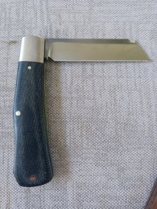 K'roo PROTOTYPE Jacka..Dogleg Sheepsfoot..Denim Micarta..3.75"..N690 ..brut de force look..coa/slip
