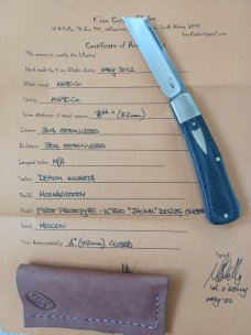 K'roo PROTOTYPE Jacka..Dogleg Sheepsfoot..Denim Micarta..3.75"..N690 ..brut de force look..coa/slip