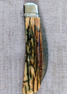 David R. Davis Mammoth ivory Damascus Swayback,closed 4.25" ..fluted...vine filework..MOP shield 