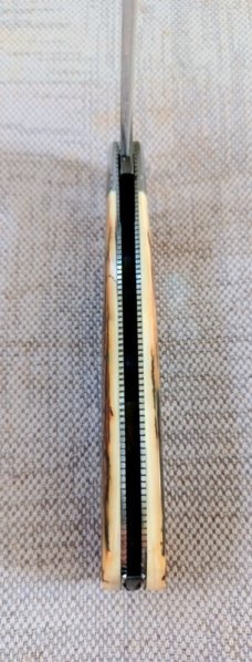 David R. Davis Mammoth ivory Damascus Swayback,closed 4.25" ..fluted...vine filework..MOP shield 